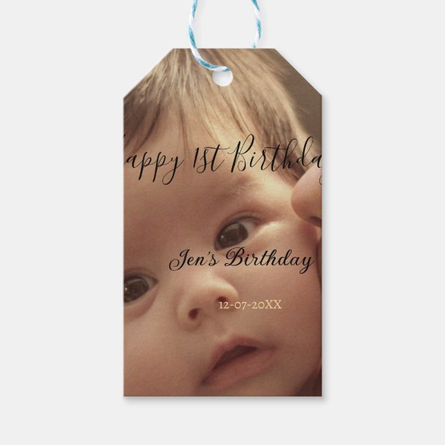 Happy 1st birthday name photo date stylish calligr presentetikett (Framsidan)