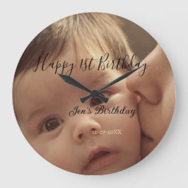 Happy 1st birthday name photo date stylish calligr stor klocka