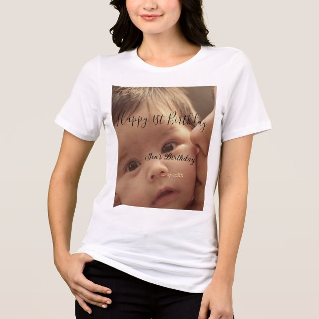 Happy 1st birthday name photo date stylish calligr t shirt (Framsida)