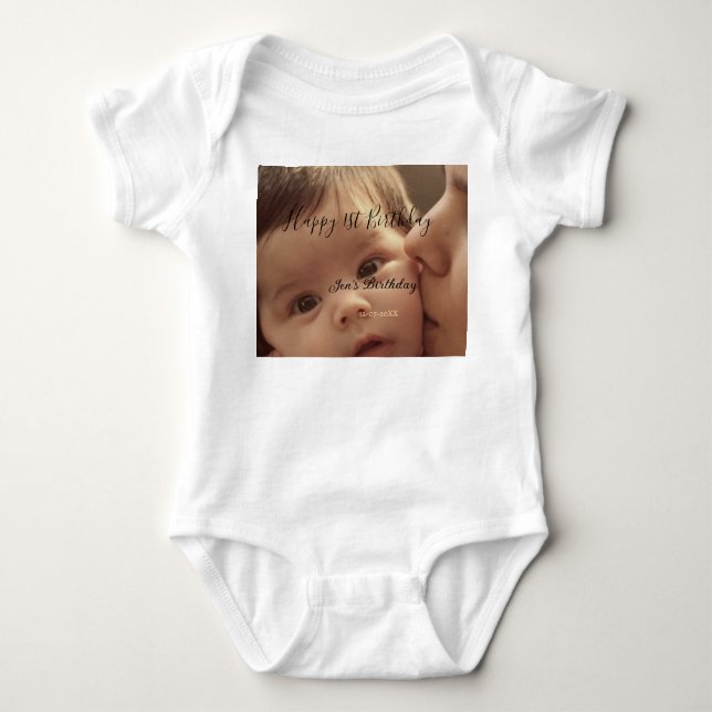 Happy 1st birthday name photo date stylish calligr t shirt (Framsida)