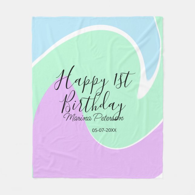 Happy 1st birthday pink green blue acrylic pour  fleecefilt (Framsidan)