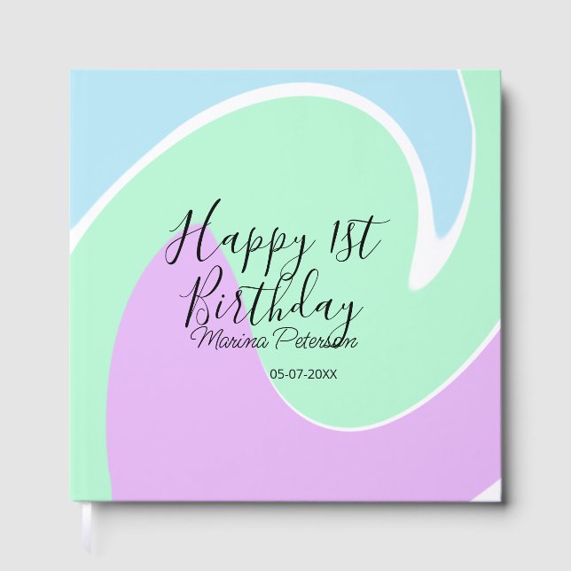 Happy 1st birthday pink green blue acrylic pour  gästböcker (Framsida)