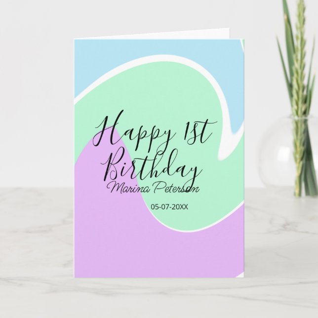 Happy 1st birthday pink green blue acrylic pour  kort (Framsida)