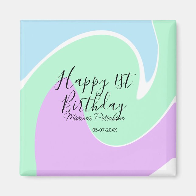 Happy 1st birthday pink green blue acrylic pour  magnet (Framsidan)