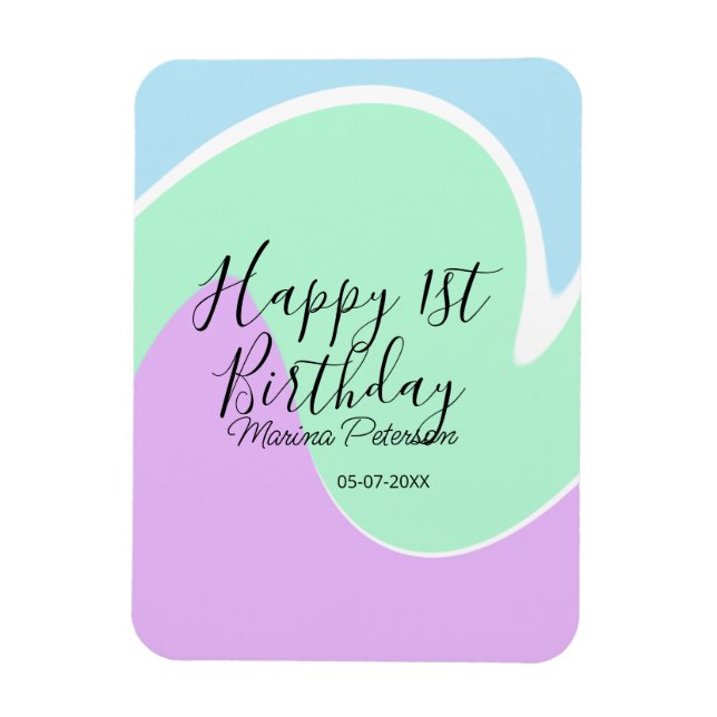 Happy 1st birthday pink green blue acrylic pour  magnet (Vertikal)