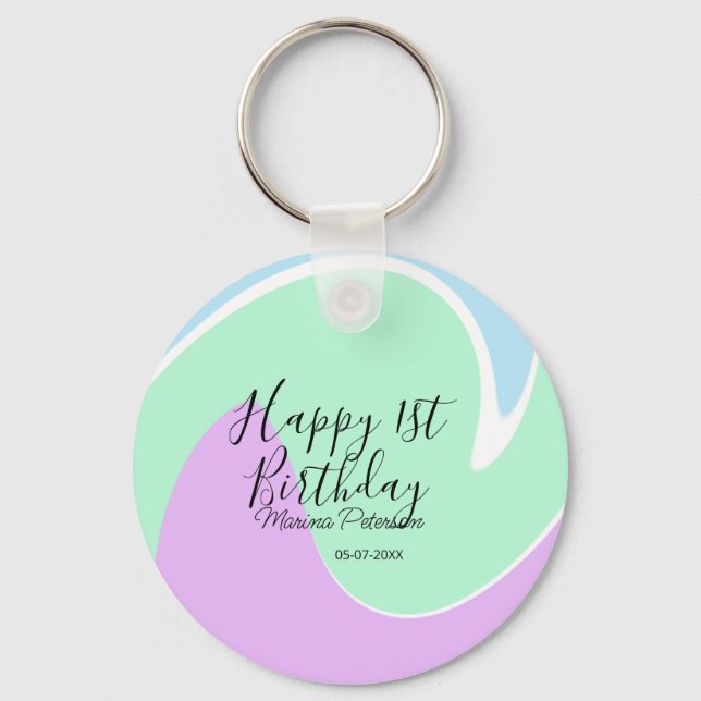 Happy 1st birthday pink green blue acrylic pour  nyckelring (Framsida)