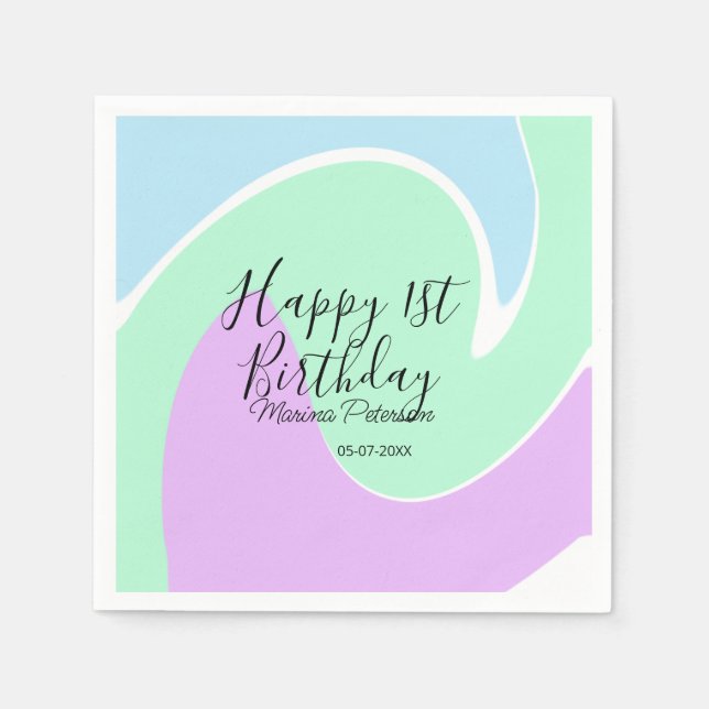 Happy 1st birthday pink green blue acrylic pour  pappersservett (Framsidan)