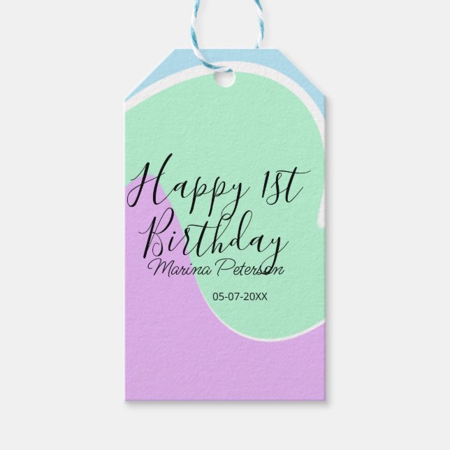 Happy 1st birthday pink green blue acrylic pour  presentetikett (Framsidan)