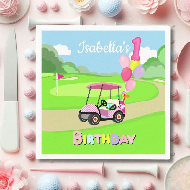 Happy 1st Birthday Polka Dot Pink Girly Golf  Pappersservett (Skapare uppladdad)