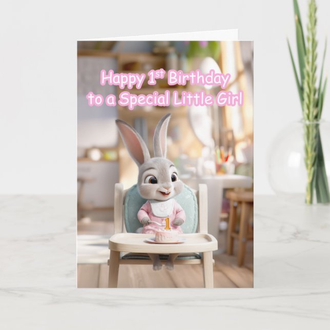 Happy 1st Birthday Special Little Girl Bunny Kort (Framsida)