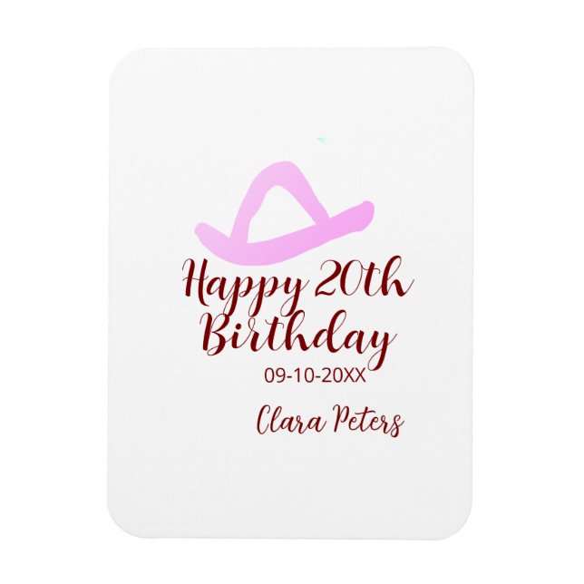 Happy 20th birthday pink cowboy girl name date sim magnet (Vertikal)