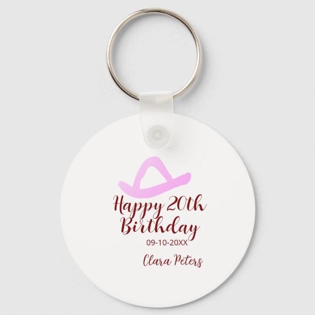 Happy 20th birthday pink cowboy girl name date sim nyckelring (Framsida)