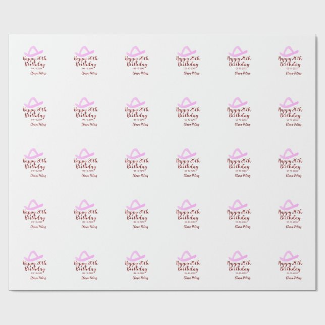 Happy 20th birthday pink cowboy girl name date sim presentpapper (Platt)