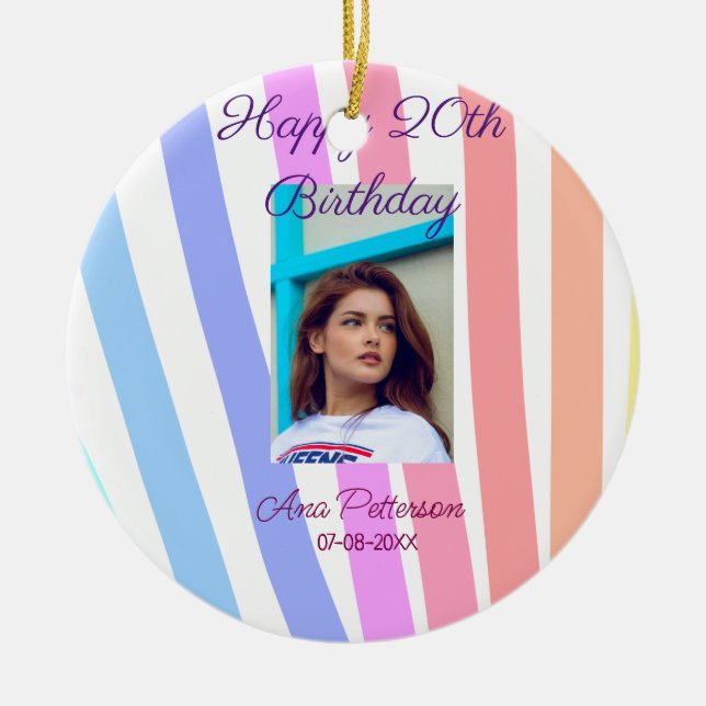 Happy 20th Birthday rainbow rustic boho lines phot Julgransprydnad Keramik (Framsidan)