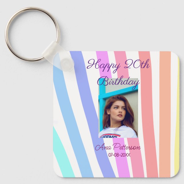 Happy 20th Birthday rainbow rustic boho lines phot Nyckelring (Framsida)