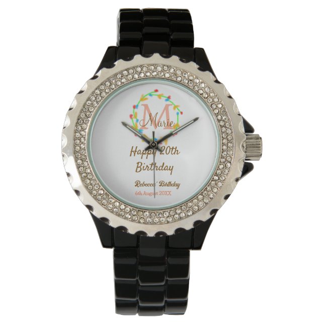 Happy 20th Birthday red add name monogram wreath Armbandsur (Framsida)