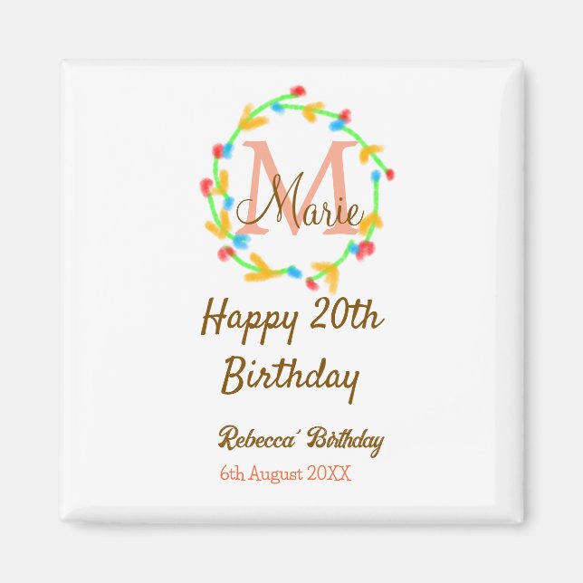 Happy 20th Birthday red add name monogram wreath Magnet (Framsidan)