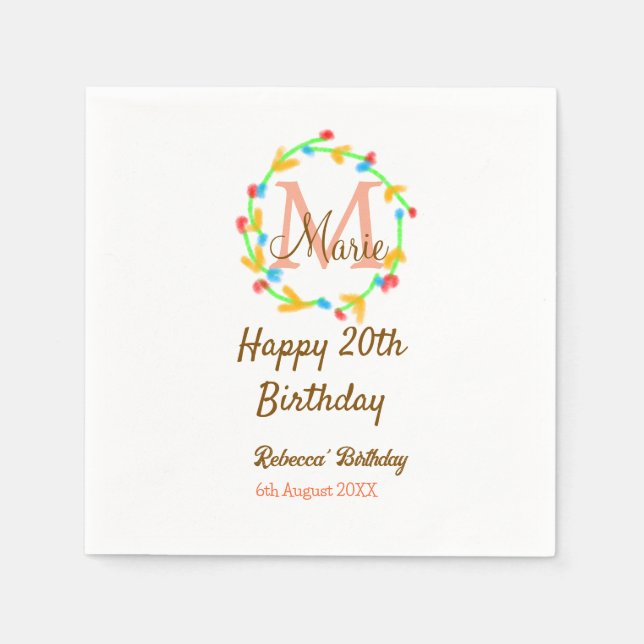 Happy 20th Birthday red add name monogram wreath Pappersservett (Framsidan)