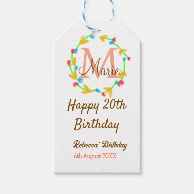 Happy 20th Birthday red add name monogram wreath Presentetikett (Framsidan)