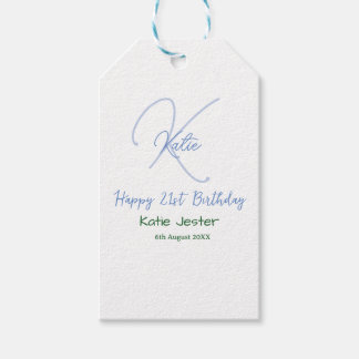Happy 21st birthday blue add name monogram modern presentetikett