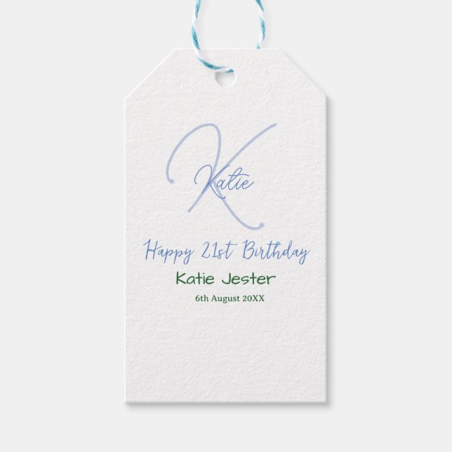 Happy 21st birthday blue add name monogram modern presentetikett (Framsidan)