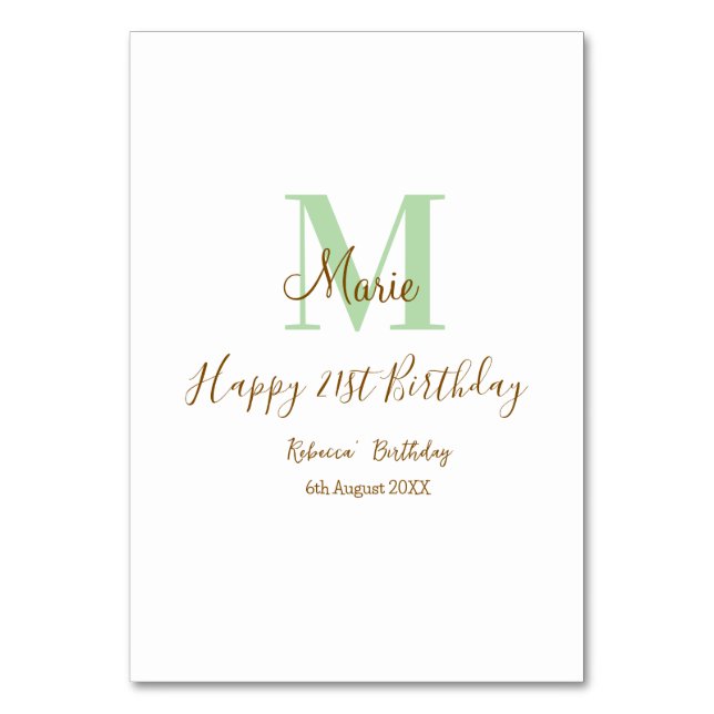 Happy 21st Birthday green add name monogram brown  Bordsnummer (Framsidan)