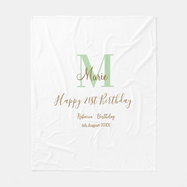 Happy 21st Birthday green add name monogram brown  Fleecefilt (Framsidan)