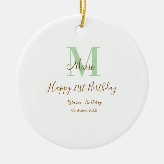 Happy 21st Birthday green add name monogram brown  Julgransprydnad Keramik (Framsidan)