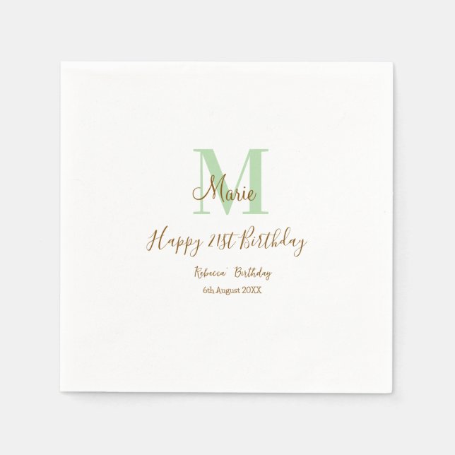 Happy 21st Birthday green add name monogram brown  Pappersservett (Framsidan)