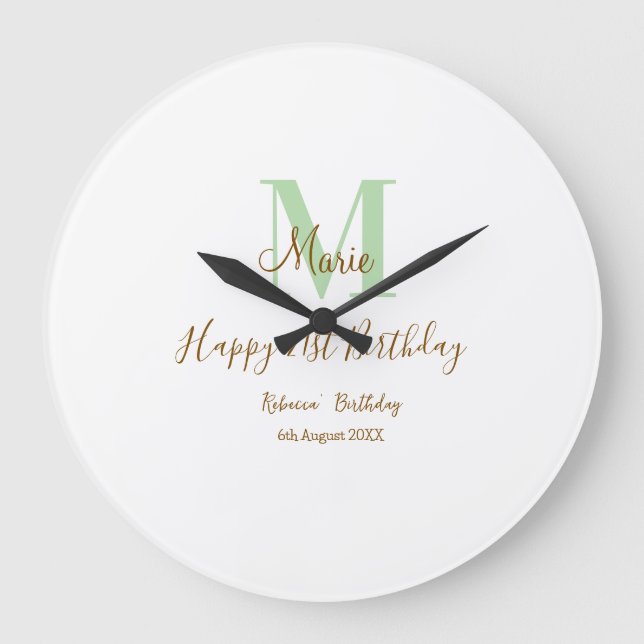 Happy 21st Birthday green add name monogram brown  Stor Klocka (Framsida)
