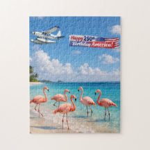 Happy 250th Birthday America Flamingos on Beach