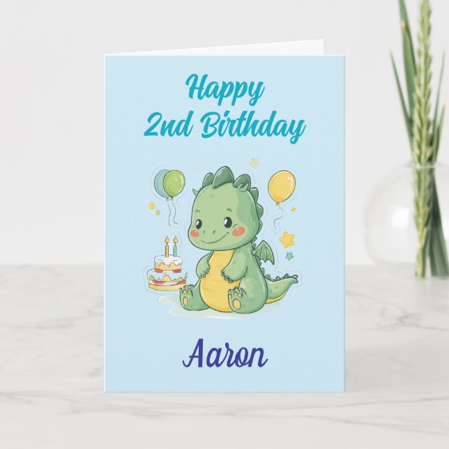 Happy 2nd Birthday, Cute Dragon, Personalized  Kort (Framsida)