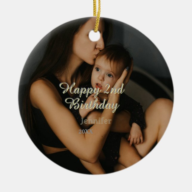 Happy 2nd birthday kids baby mother yellow gray na julgransprydnad keramik (Framsidan)