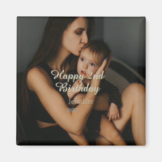 Happy 2nd birthday kids baby mother yellow gray na magnet (Framsidan)