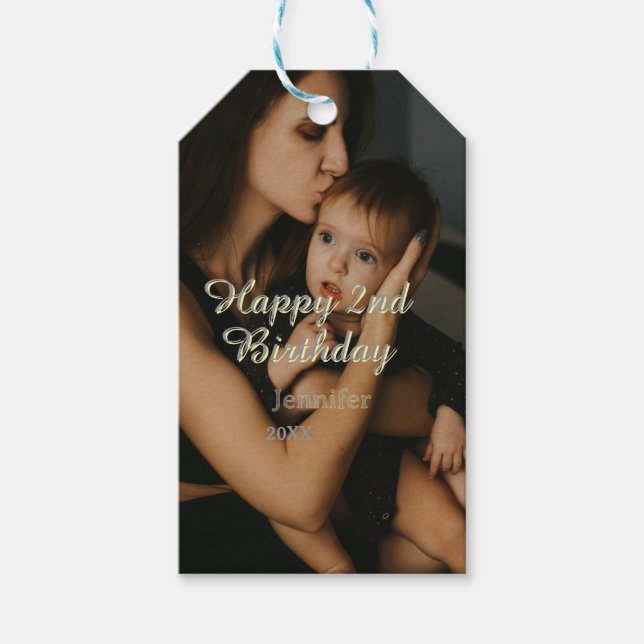 Happy 2nd birthday kids baby mother yellow gray na presentetikett (Framsidan)