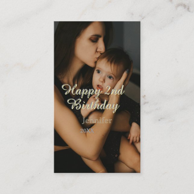 Happy 2nd birthday kids baby mother yellow gray na visitkort (Framsida)