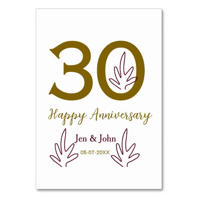 Happy 30th anniversary name date golden red leaf bordsnummer (Framsidan)