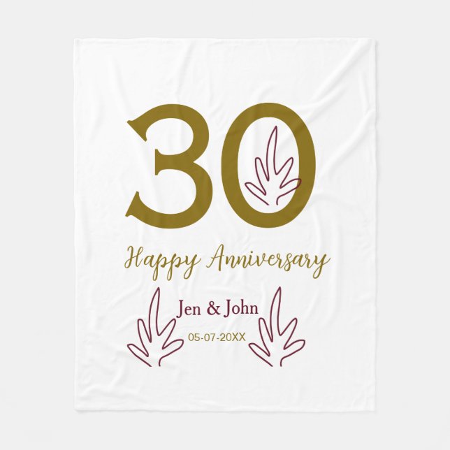 Happy 30th anniversary name date golden red leaf fleecefilt (Framsidan)
