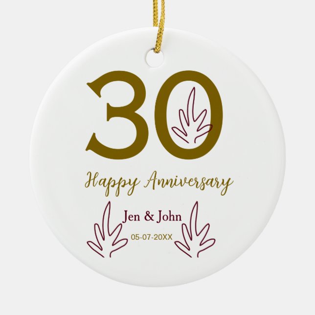 Happy 30th anniversary name date golden red leaf julgransprydnad keramik (Framsidan)