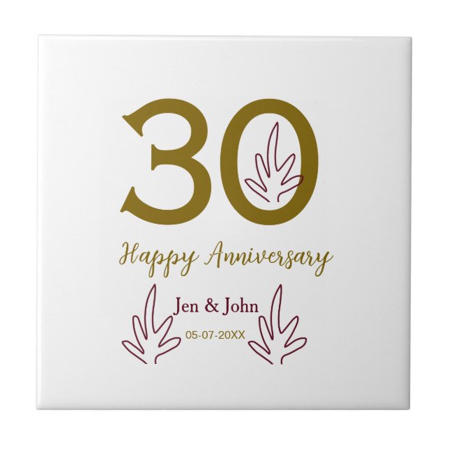 Happy 30th anniversary name date golden red leaf kakelplatta (Framsidan)