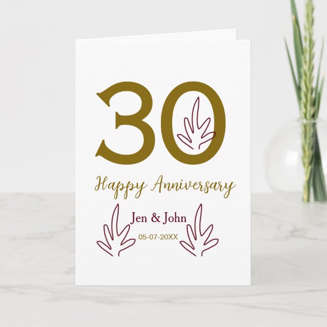 Happy 30th anniversary name date golden red leaf kort (Framsida)