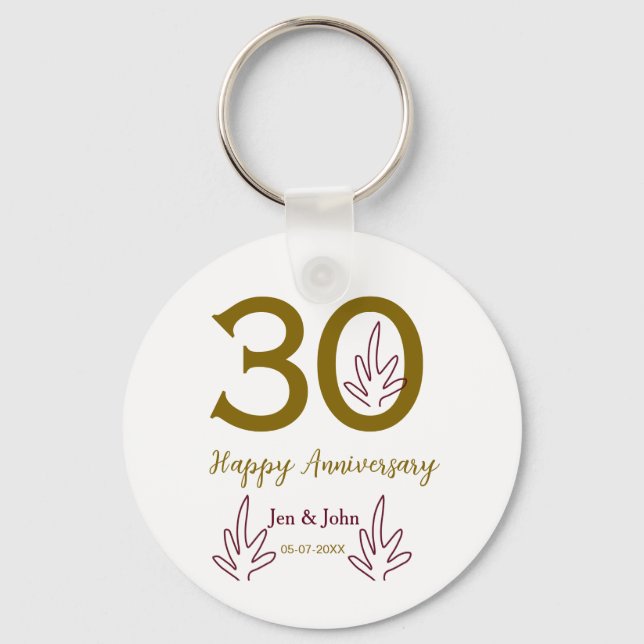 Happy 30th anniversary name date golden red leaf nyckelring (Framsida)