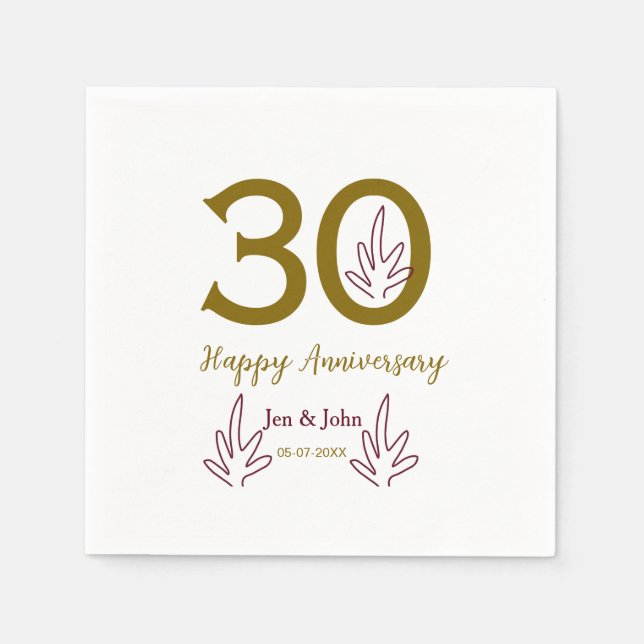 Happy 30th anniversary name date golden red leaf pappersservett (Framsidan)