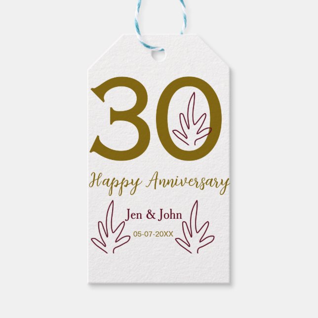 Happy 30th anniversary name date golden red leaf presentetikett (Framsidan)