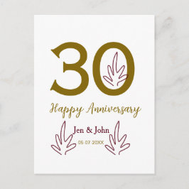 Happy 30th anniversary name date golden red leaf vykort