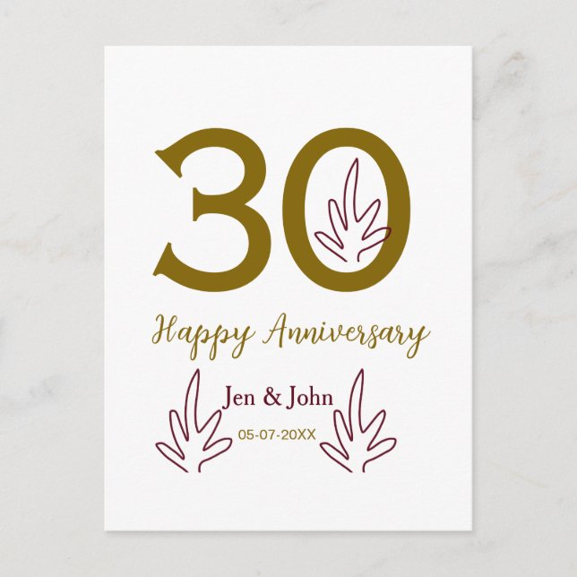 Happy 30th anniversary name date golden red leaf vykort (Framsida)