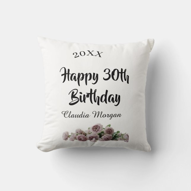 Happy 30th birthday pink white mauve floral name y kudde (Framsida)