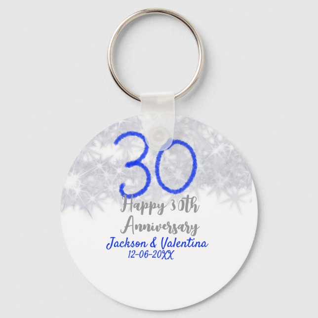 Happy 30th wedding anniversary silver blue glitter nyckelring (Framsida)