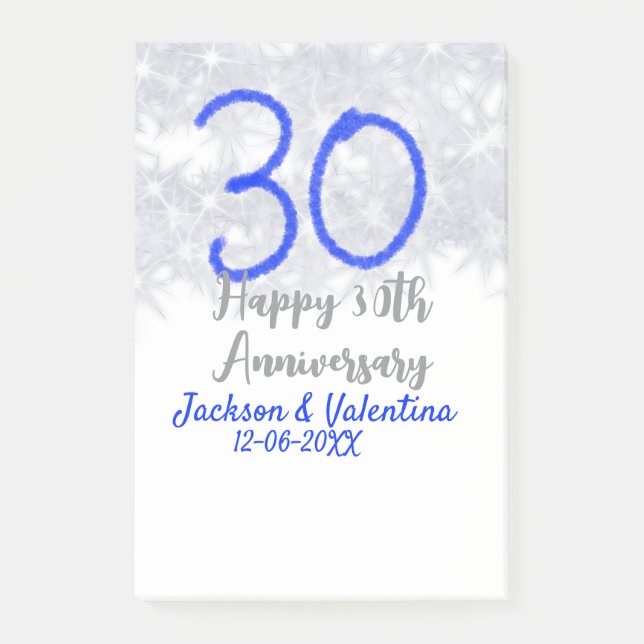 Happy 30th wedding anniversary silver blue glitter post-it block (Framsida)