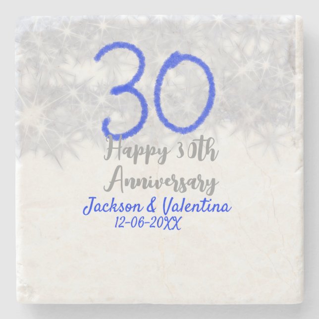 Happy 30th wedding anniversary silver blue glitter stenunderlägg (Framsidan)